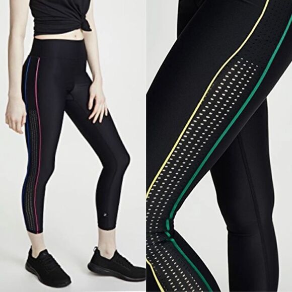Terez Black Rib Piping Racing Stripe Perforated Leggings XS NWT - Picture 1 of 6